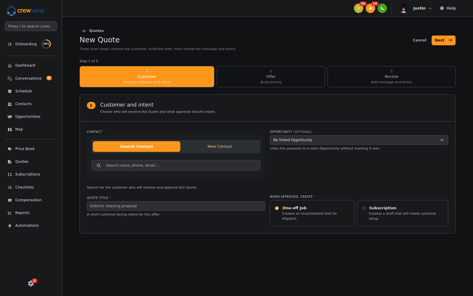 Crewvana desktop Quote builder with customer, offer, and review steps