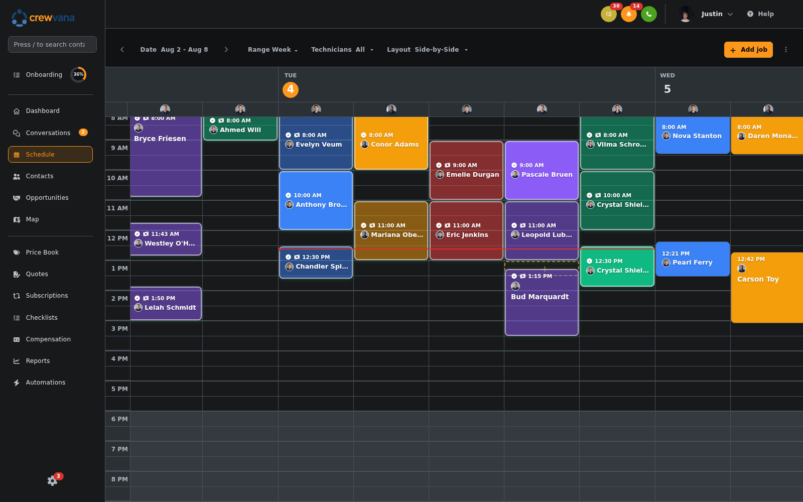 Crewvana desktop weekly schedule with assigned customer Visits