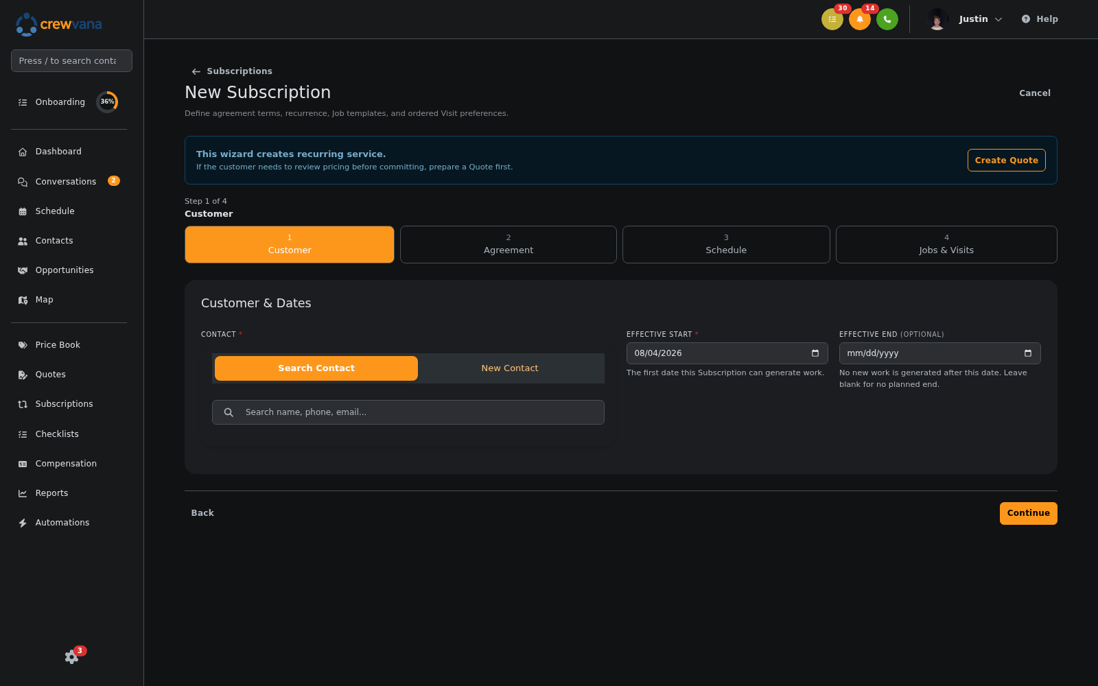 Crewvana desktop recurring-service builder with agreement and scheduling steps